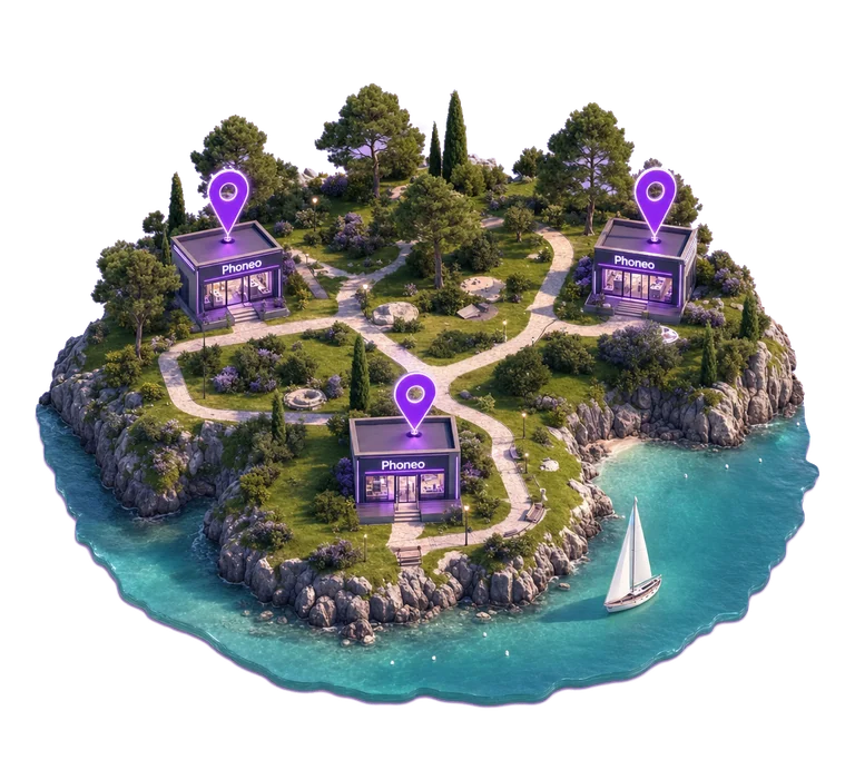 Carte 3D de la région avec les trois boutiques Phoneo près de Montpellier et de l'étang de Thau